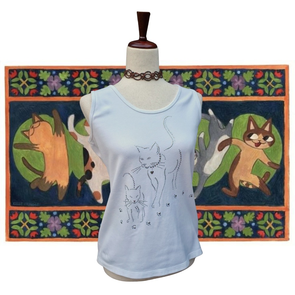 Christine Alexander Cat Tank Top Size M White Silver Rhinestones‎  Studs Y2K 90s